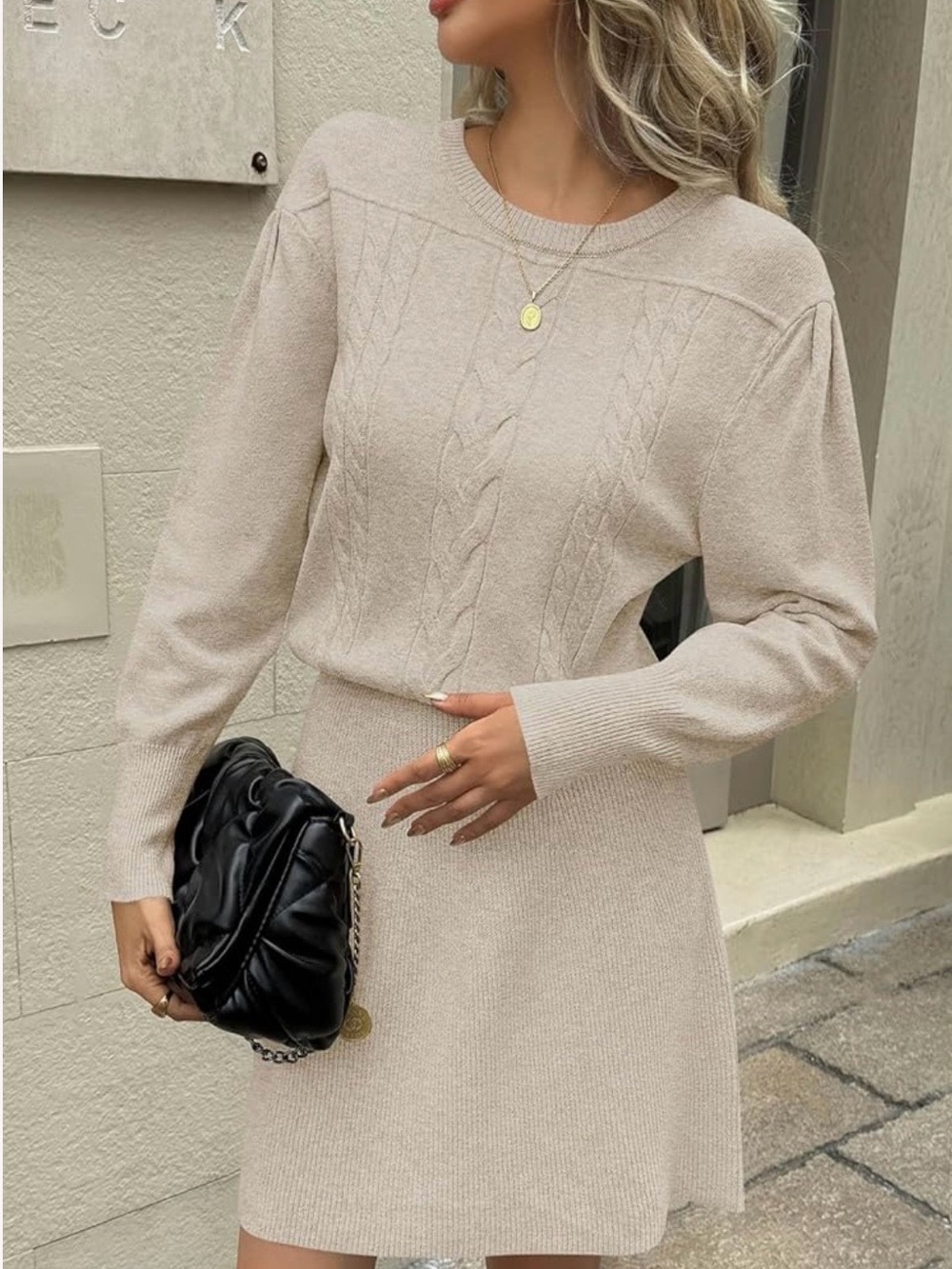 Elegant Cable Knit Sweater Dress in Beige, Size S